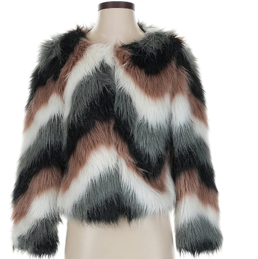 Brave Soul London Chevron Faux Fur Jacket Excellent Condition XS